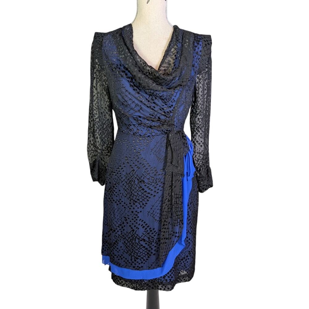 BCBG Max Azria Silk Burnout Cocktail Dress Blue Black Cowl Neck Size 4
